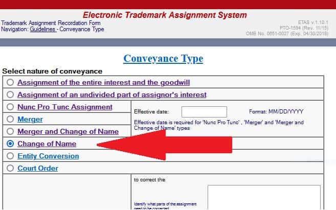 Change of name form for a trademark application