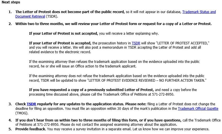 Screenshot of Trademark Letter of Protest Confirmation Email
