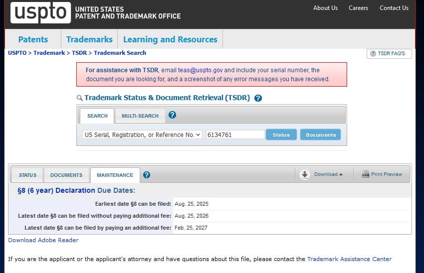 screenshot of USPTO Maintenance Information for GALVANI LEGAL