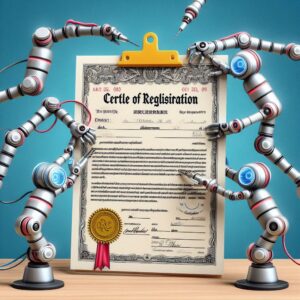 AI-generated image of robotic arms working on a document, visually representing the process of a Section 7 Amendment in a trademark registration.  