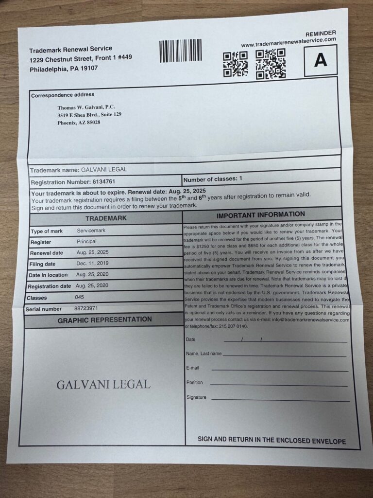 Photograph of letter regarding a misleading trademark renewal reminder.
