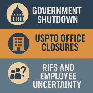 Graphic showing Government Shutdown, USPTO Office Closures, and RIFs and Employee Uncertainty